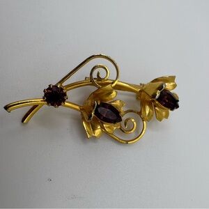 Vintage Gold Tone Floral Brooch with Red Rhinestone Flowers Costume Jewelry